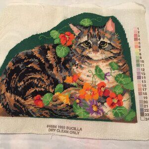 COMPLETED Bucilla #4684 "GARDEN TABBY" CAT NEEDLEPOINT Panel 13" X 10" 1993